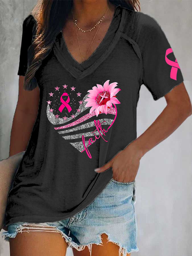 Women's Breast Cancer V-Neck Casual T-Shirt