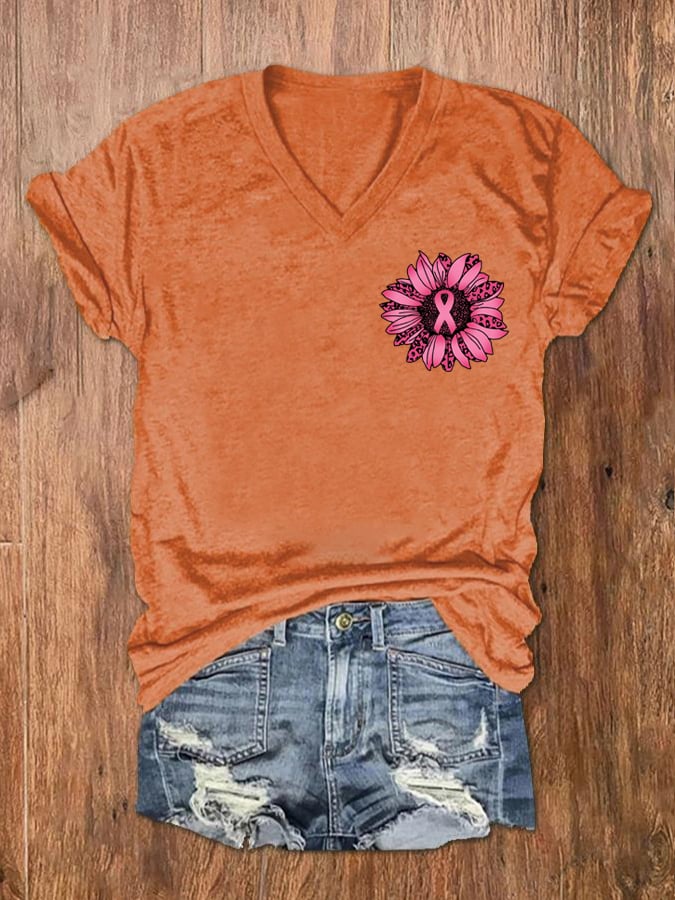 Women's Sunflower Pink Ribbon Flag Breast Cancer Awareness Print V-Neck T-Shirt