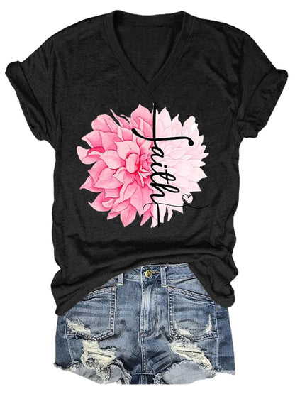 Women'S Floral Breast Cancer Awareness Crewneck T-Shirt