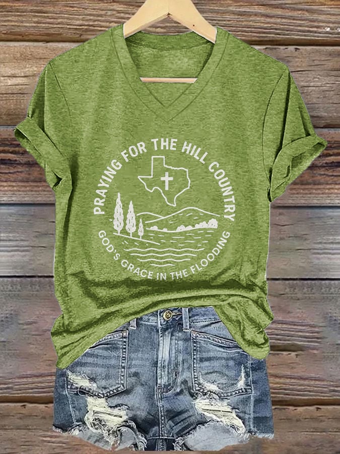 🙏💔Join us in praying for Texas.🙏V-Neck Retro Texas Strong Praying For The Hill Country God’s Grace In The Flooding Print T-Shirt
