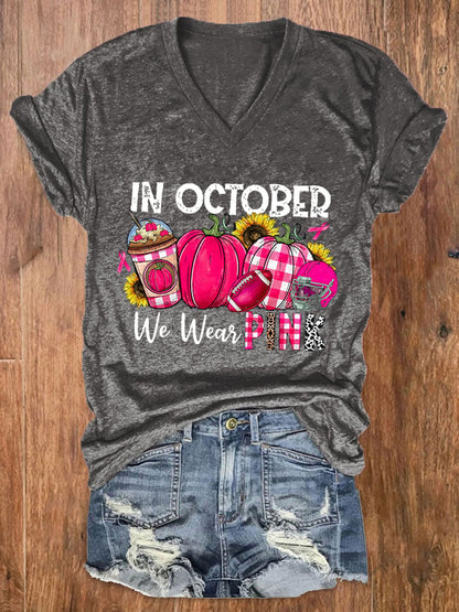 Women's In October We Wear Pink Breast Cancer Awareness Casual T-Shirt