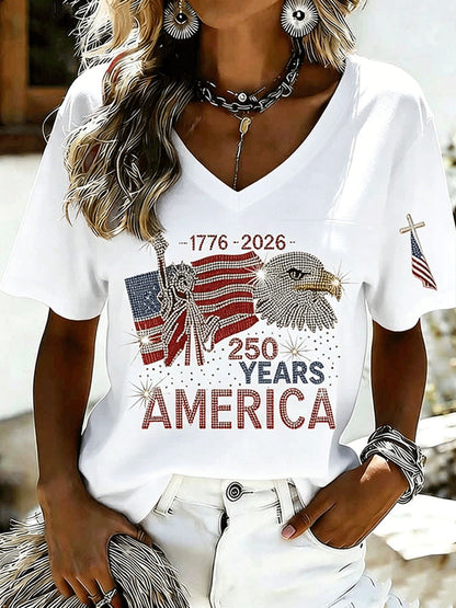 Ladies' American Flag Printed Casual Long Sleeve V-neck T-shirt