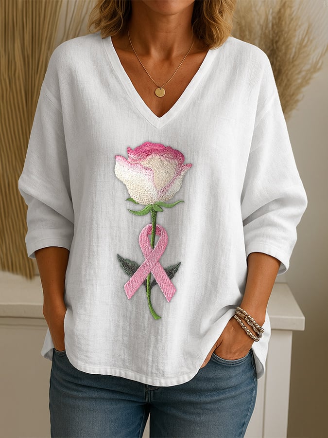 Women's Breast Cancer Embroidered Floral Print Loose Casual Top