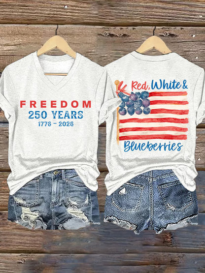 V-Neck Retro Independence Day Red, White & Blueberries Freedom Print T-Shirt