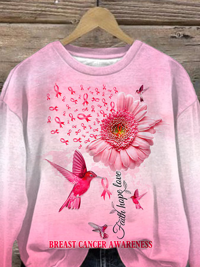 Breast Cancer Awareness Faith Hope Love Hummingbird Print Sweatshirt