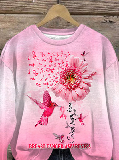 Breast Cancer Awareness Faith Hope Love Hummingbird Print Sweatshirt