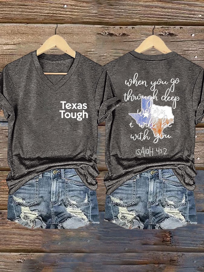 🙏💔Join us in praying for Texas.🙏V-Neck Retro Texas Tough When You Go Through Deep Waters, I Will Be With You. Isaiah 43:2 Print T-Shirt