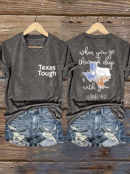 🙏💔Join us in praying for Texas.🙏V-Neck Retro Texas Tough When You Go Through Deep Waters, I Will Be With You. Isaiah 43:2 Print T-Shirt