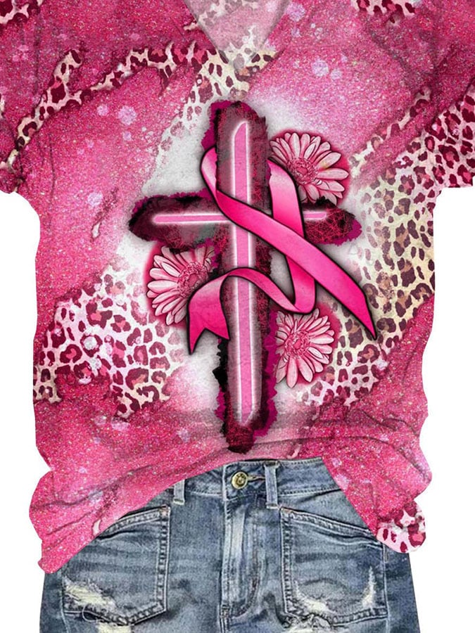 V-Neck Breast Cancer Awareness Leopard Print Floral Cross Print T-Shirt
