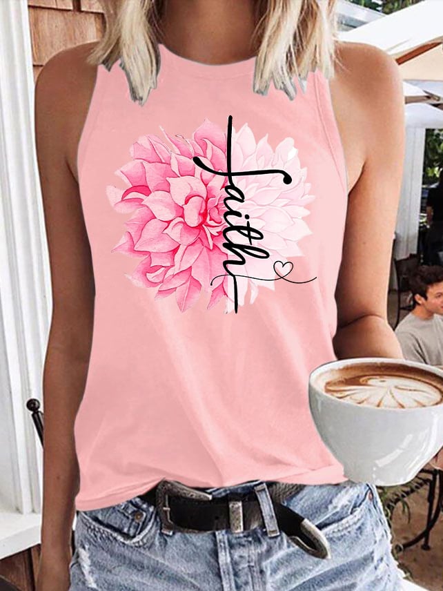 Women'S Floral Breast Cancer Awareness Print Sleeveless Tank Top