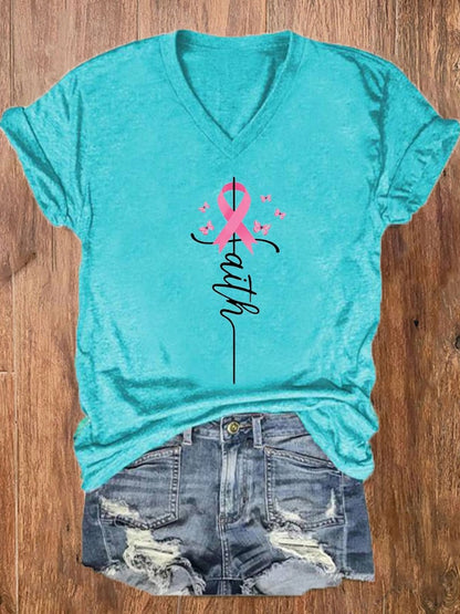 Women's Faith Hope Fight Love Butterfly Breast Cancer Awareness T-Shirt
