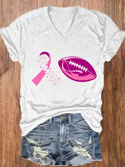 Women's Football Breast Cancer Awareness Print V-Neck T-Shirt