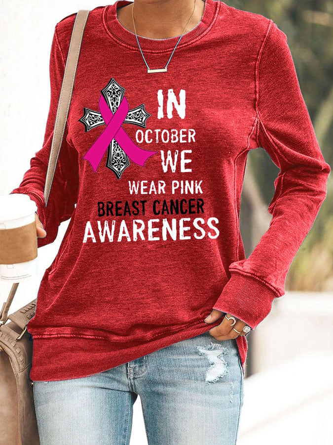 Women's In October We Wear Pink Breast Cancer Awareness Print Casual Crew Neck Sweatshirt