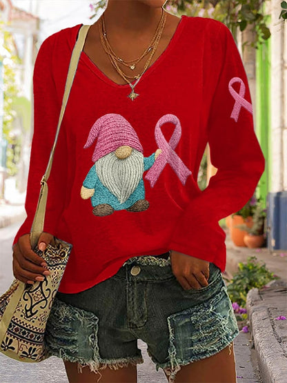 Women's Breast Cancer Awareness Print Long Sleeve V-Neck T-Shirt