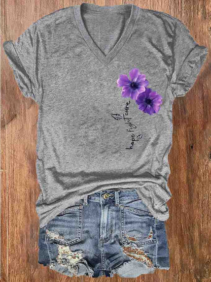Women's Pansy Hope Fight Cure Dementia Alzheimer's Printed V-Neck T-Shirt