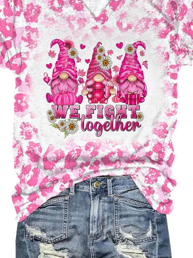 Breast Cancer Awareness V-Neck Leopard Gnomes We Fight Together Print T-Shirt
