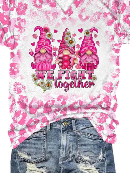 Breast Cancer Awareness V-Neck Leopard Gnomes We Fight Together Print T-Shirt