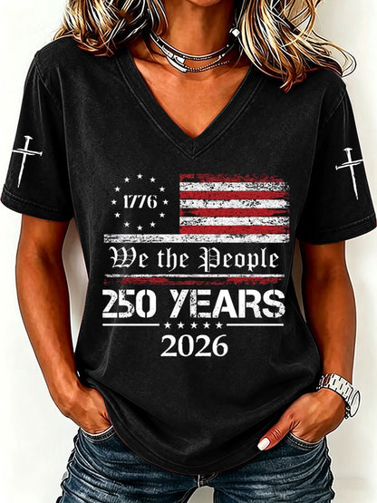 Women'S America Flag Print Casual V-Neck T-Shirt