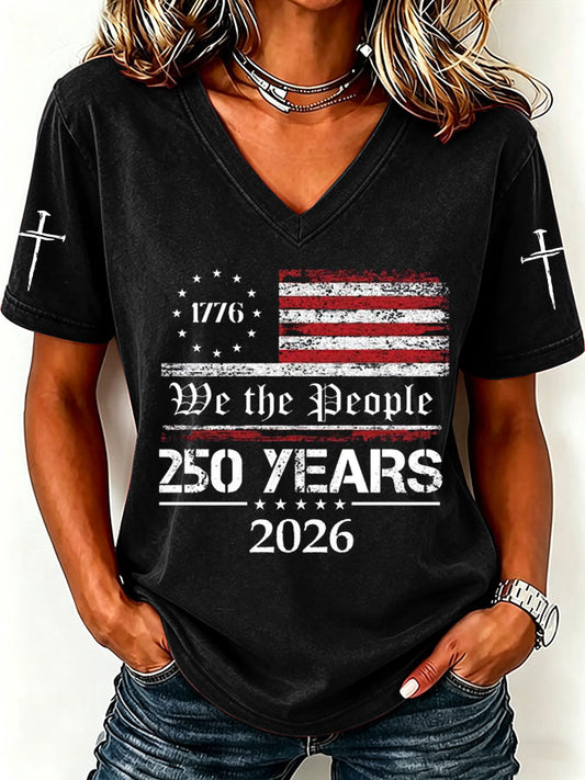 Women'S America Flag Print Casual V-Neck T-Shirt