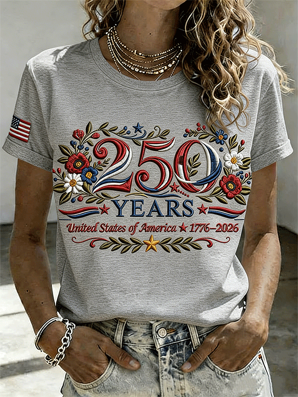 Women's 250 Years 1776-2026 USA Floral Embroidered T-shirt