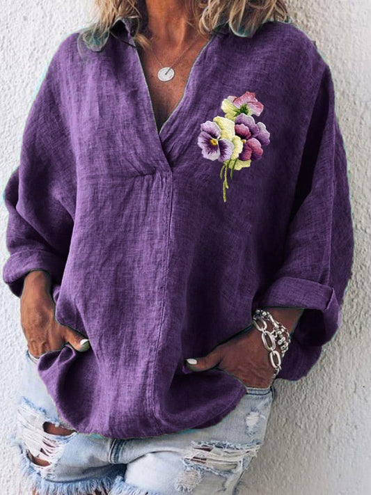 Women's Cotton And Linen Purple Floral V-Neck Top