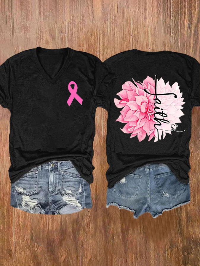 Women'S Faith In Breast Cancer V Neck T-Shirt