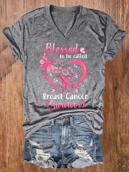Women'S Blessed To Be Called Breast Cancer Survivor Printed T-Shirt