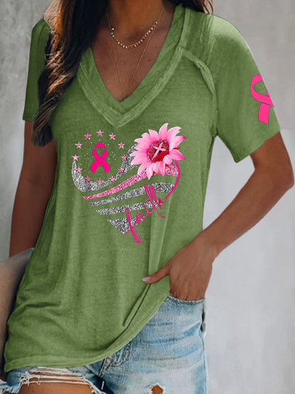 Women's Breast Cancer V-Neck Casual T-Shirt