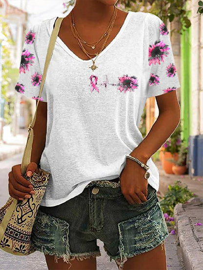 Women's In October We Wear Pink Breast Cancer Awareness Print V-Neck T-Shirt