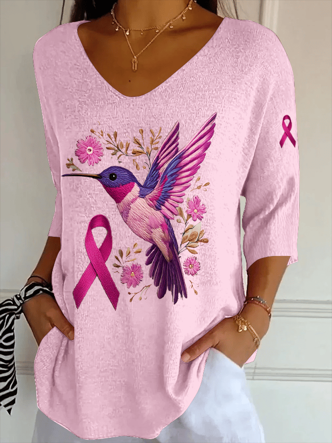 Women's Breast Cancer Hummingbird Print Striped Fabric Casual V-Neck T-Shirt