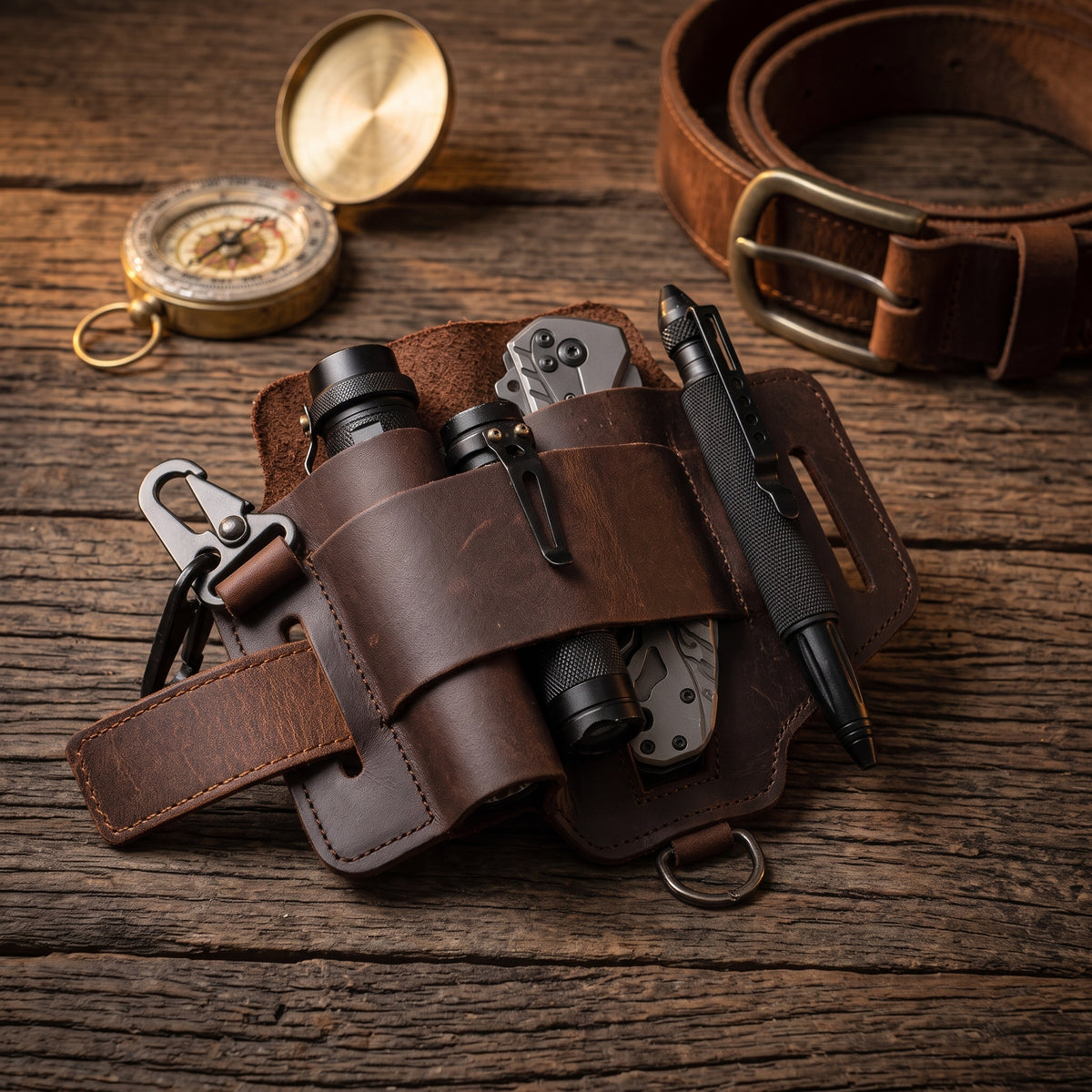 Genuine Cowhide Leather EDC Belt Organizer - Multitool, Flashlight & Key Holster Sheath