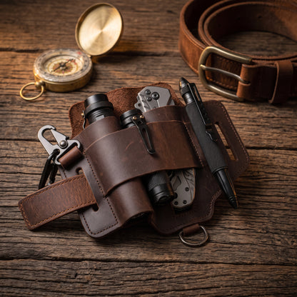 Genuine Cowhide Leather EDC Belt Organizer - Multitool, Flashlight & Key Holster Sheath