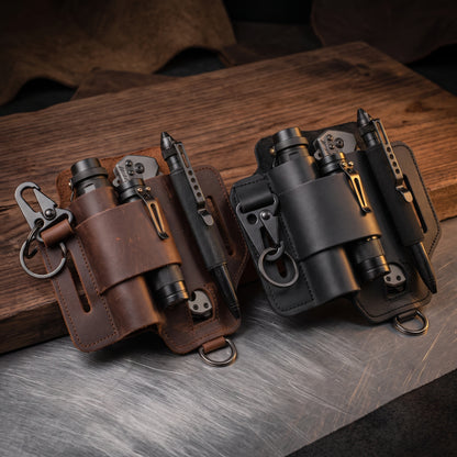 Genuine Cowhide Leather EDC Belt Organizer - Multitool, Flashlight & Key Holster Sheath
