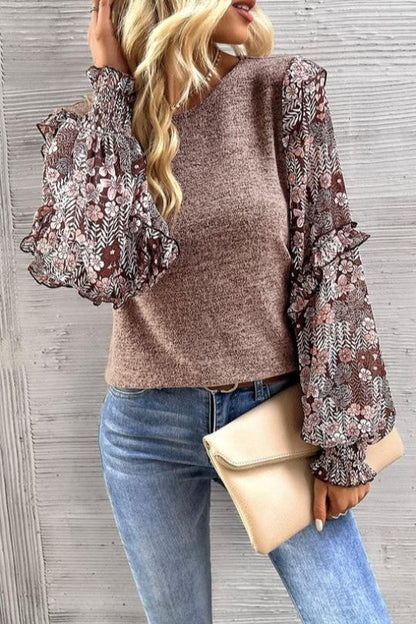 Floral Ruffle Puff-Sleeve Blouse