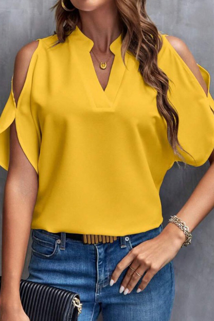 Notched Cold Shoulder Half Sleeve Blouse