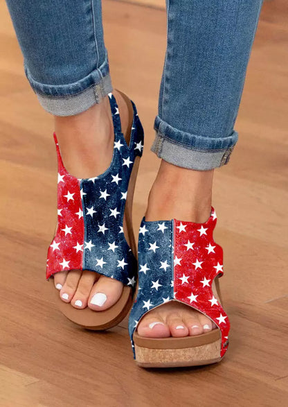 👍Last Day Promotion 70% OFF –2023 🌹Women's Summe Flag Pattern Peep Toe Wedge Sandals