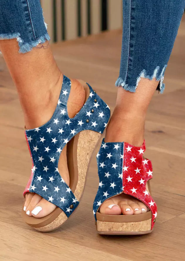 👍Last Day Promotion 70% OFF –2023 🌹Women's Summe Flag Pattern Peep Toe Wedge Sandals