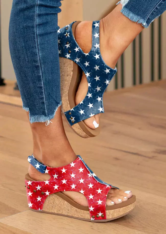 👍Last Day Promotion 70% OFF –2023 🌹Women's Summe Flag Pattern Peep Toe Wedge Sandals