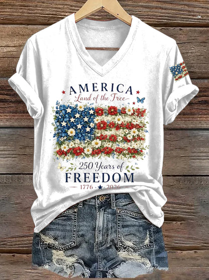 Women'S America Flag Floral Print Casual V-Neck T-Shirt
