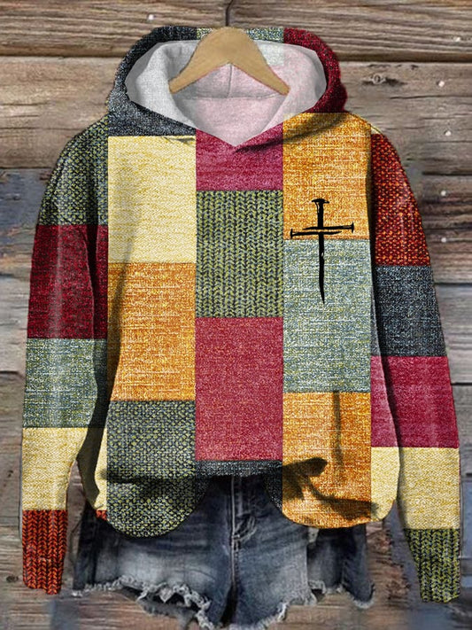Women's Casual Autumn And Winter Retro Color Block Contrast Faith Hoodie