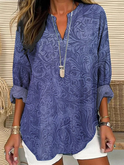 Women's Purple Art Floral Cotton And Linen Shirt