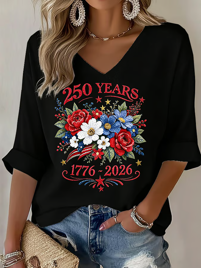 Women's American 250th Anniversary Three-Quarter Sleeve V-Neck Top