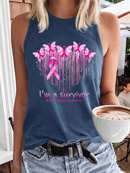 Women's I'M A Survivor Breast Cancer Awareness Print Casual Tank Top
