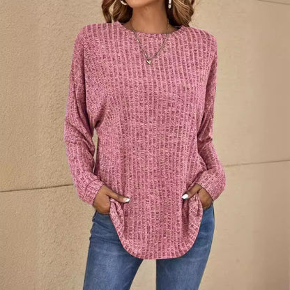 Women's sweater ribbed knit elegant round neck solid long sleeves