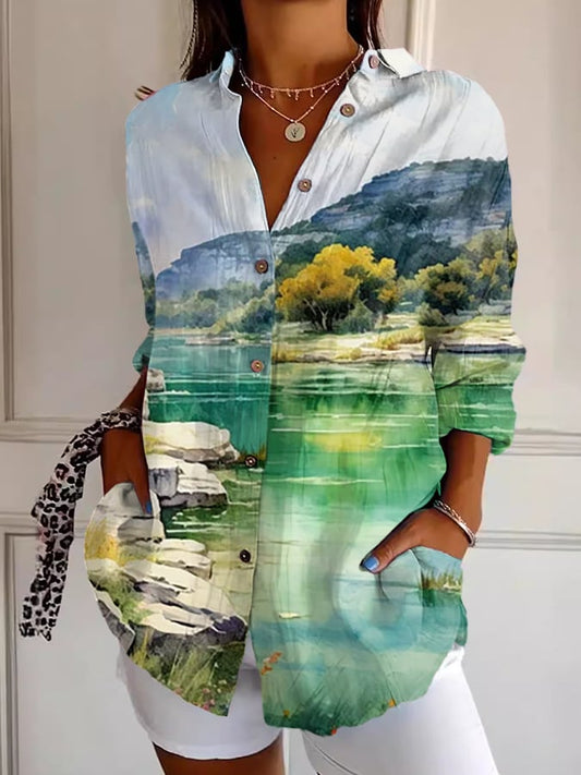 🙏💔Join us in praying for Texas.🙏Women's Texas Hill Country River Watercolor  Blouse