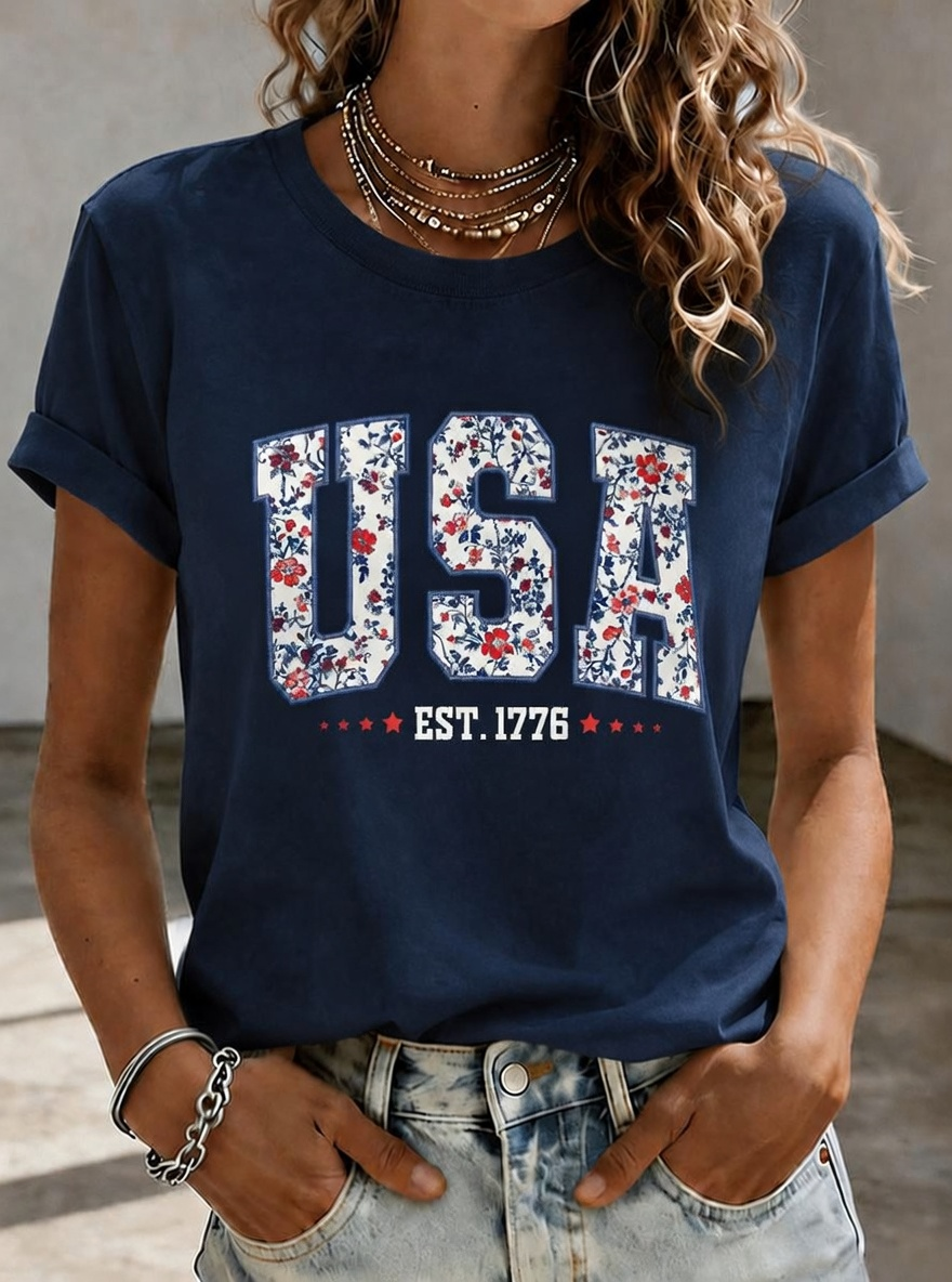 Women'S American Independence Day 250Th Anniversary Printed Short Sleeved T-Shirt