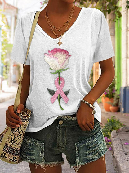 Women's Pink Embroidered Floral Print V-Neck T-Shirt