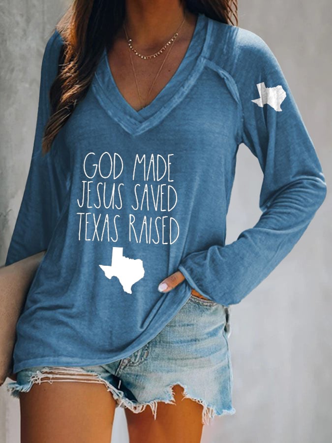 🙏💔Join us in praying for Texas.🙏V-neck Retro Texas Strong God Made Jesus Saved Texas Raised Print T-Shirt