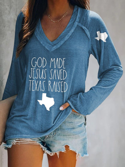 🙏💔Join us in praying for Texas.🙏V-neck Retro Texas Strong God Made Jesus Saved Texas Raised Print T-Shirt
