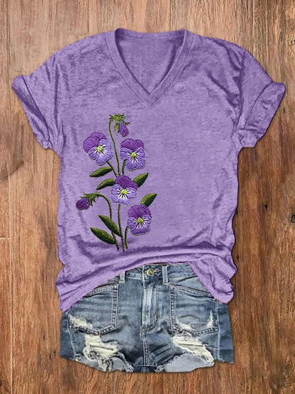 Women's Purple Flower Alzheimer's Awareness Support Printed V-Neck Tee